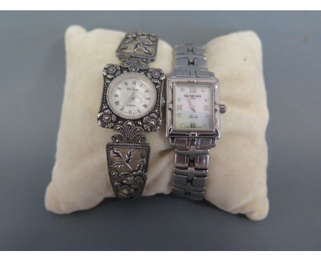 A Raymond Weil Ladies stainless steel tank style watch with mother of pearl, dial having white stone markers and a Yves Renau