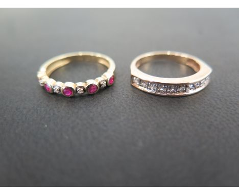 A 9ct gold ruby and diamond nine-stone ring - Hallmarked Birmingham - Ring size M - Together with a 9ct gold diamond half-cir