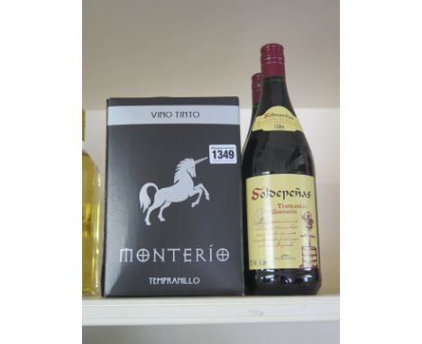 Two 1 litre bottles of Soldepenas red wine - 12% by vol - Tempranillo & Garnacha grapes and one 3 litre box of Monterio Tempr