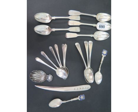 Five hallmarked silver fiddleback teaspoons, six hallmarked silver teaspoons with golf motif's, a silver hallmarked letter op