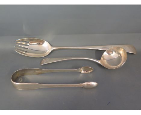 A Georgian silver collective lot comprising of a gravy spoon converted to a salad sever, sauce ladle and pair of sugar nips -