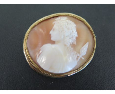 A 19th century shell cameo brooch - Depicting a classical soldier with a spear - Mounted in a pinchbeck frame - Width 4.5cms 