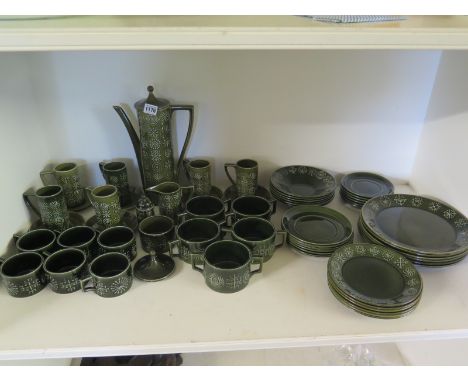 A Portmeiron Totem Green pattern dinner/tea/coffee service - sugar bow and lid, milk jug six coffee mugs and saucers, six tea