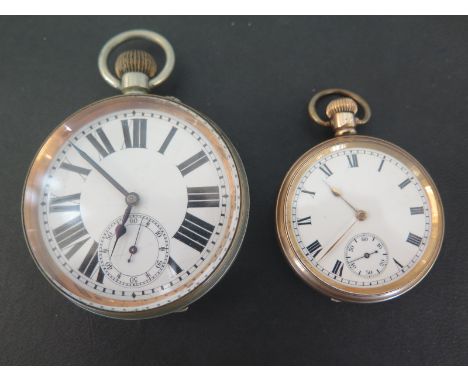 A gold plated pocket watch with top wind 5cm wide - working in the sale room - and a Goliath type base metal pocket watch 6.5