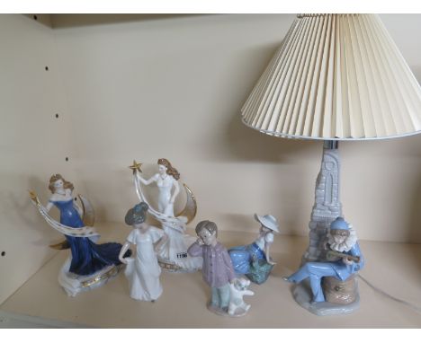 Four Nao figures comprising lamp with bard,  reclining lady, child in pyjamas and young lady and two Royal Worcester Destiny 