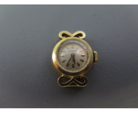 A ladies 18 ct gold Longines Cocktail watch head with metallic dial having stick markers and Arabic applied numerals, the cas