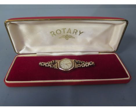 A 1940's Rotary 9 ct gold ladies wristwatch with cream dial having gilt stick markers and Arabic numerals and pencil markers,