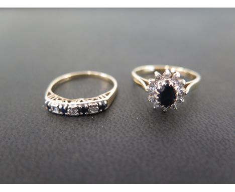 Two 9ct gold sapphire and diamond rings - To include a cluster - Size M - Together with a half-circle ring - Size K - Hallmar