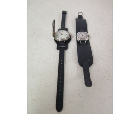 Two Gents silver Trench style wristwatches with fixed wire lugs - one is an oversized full Hunter wristwatch with Swiss marks