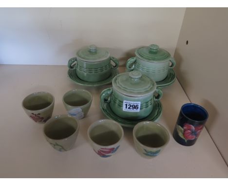 Ten pieces of Bourne Pottery, Denby soup bowls with fish design handles - circa 1930 together with a Moorcroft pottery Hibisc