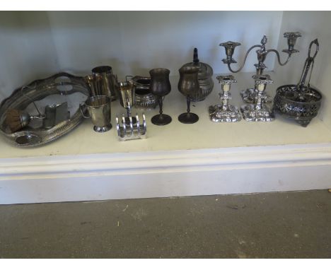 A quantity of silver plated items including tray, crumb scoop and brush, candelabra, tea service etc