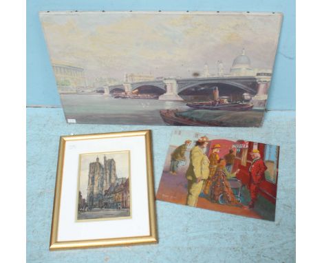 Roger Rose, 'No Clowning,' signed, oil on board, 30x40cm, together with a study of the Thames at Blackfriars bridge with stea