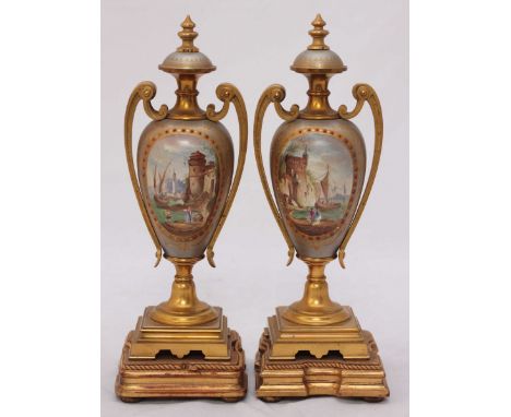 A good quality pair of 19th century French ormolu mounted porcelain vases on stands. The bodies painted with oval reserves of