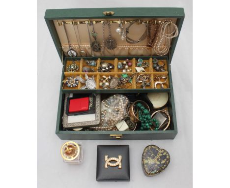 A quantity of costume jewellery including gold plated bracelets, silver bracelets, pendants, rings and a square silver box, m