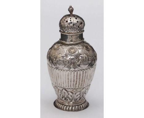 A Continental silver sugar sifter, of baluster form, decorated with shells and strawberries, hallmarks to the base crown over