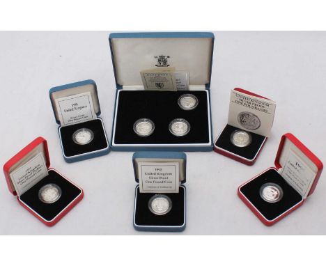 Six United Kingdom Silver Proof One Pound Coins, 1983, 1992, 1990, 1995 "Peace in Europe- Alderney, 1995 Guernsey Queen Mothe