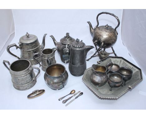 A small quantity of assorted silver-plated items including teapots, jugs, trays and open salts etc, together with three slive