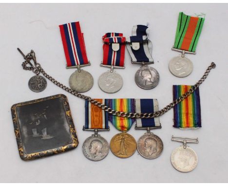 A WW1 War Medal, Victory Medal and LSGC Medal to C.B. Oliver HMS Cyclops, silver watch chain with Royal Life Saving Society s