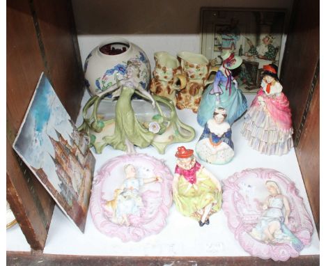 SECTION 28.  A Sitzendorf figural pin dish and pair of figural porcelain plaques together with an Art Nouveau style ceramic b