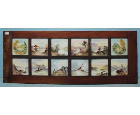 A framed matched-set of twelve 19th century ceramic tiles, 10 hand-painted landscape and seascape scenes, two printed and pai