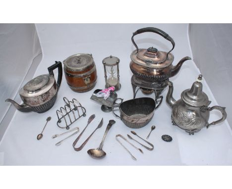 A quantity of silver-plated items including a Moroccan teapot, stamped to the underside Dar Naama Ahmed, a kettle on stand, k