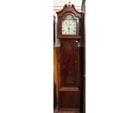 A mahogany 30-hour longcase clock with painted dial, Roman numerals and calendar aperture, swan-neck pediment with gold three