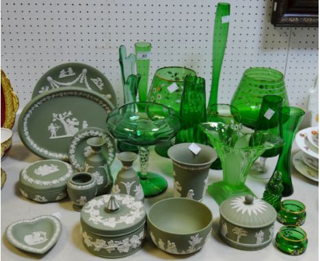 Ceramics and Glass - Wedgewood Green Jasperware, various; a pair of green glass oversized goblets; a green glass slender spec