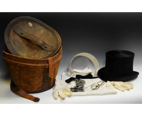 Gentleman's Ephemera - a Dunn and Co silk top hat; a Top Hat leather carry box; white gloves, black tie;etc