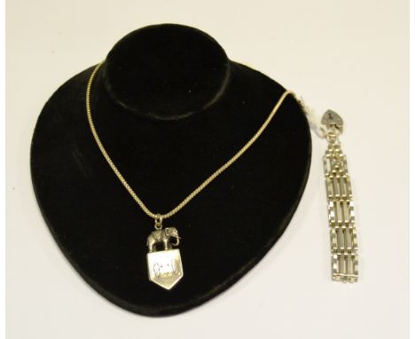 A silver gate link bracelet, heart padlock'   a silver elephant pendant  