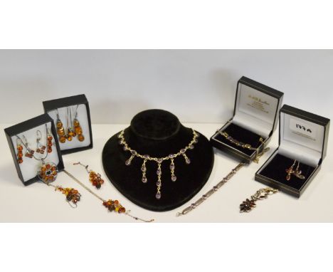 Costume Jewellery - silver amethyst set necklace; amber type earrings and necklace ;  etc 
