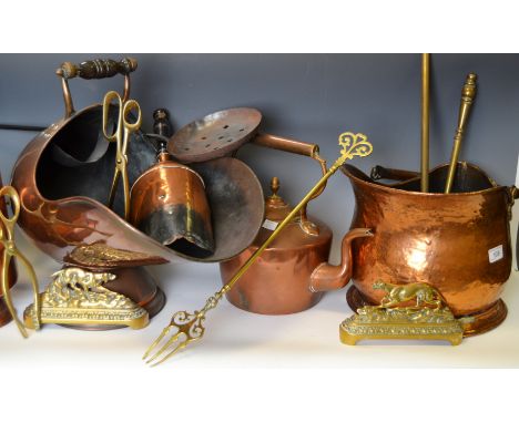 Metalware - a 19th century highly polished copper helmet shaped coal scuttle, another later; a 19th century brass Lincoln imp
