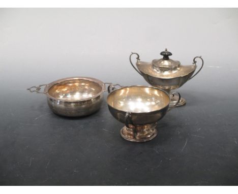 A Georgian silver two handled bowl, together with a silver three handled bowl and a silver tea caddy, 18.2ozt gross (3)  