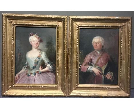 French School, 18th Century, Portrait of a lady, as a shepherdess, in a cream and pink dress, with festoon of flowers, and ho
