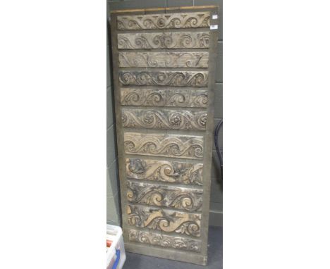 A 19th century Danish Architectural two sided sample plaster moulding board 58cm x 156cm high  