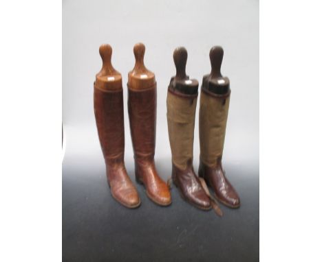 Two pairs of riding boots with trees, a pith helmet and various cooli and straw hats  