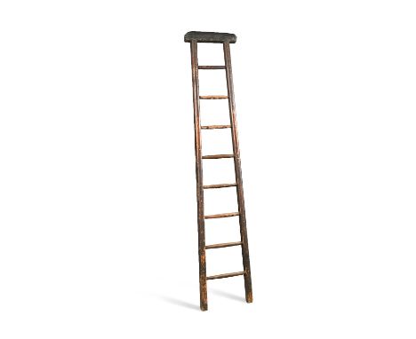 A 19th century stained pine library ladder, with a rexine cloth padded top rail, 186cm h  