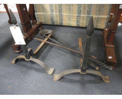 A pair of andirons and various fire tools  