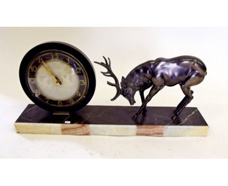 A French Art Deco mantel clock with stag, mounted on marble base, 55 x 25cm 