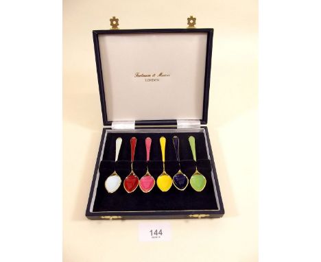 A harlequin set of six enamel coffee spoon by Fortnum and Mason, boxed 