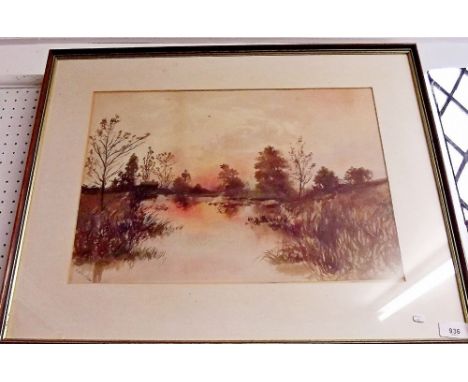 R Nevil - watercolour  - sunrise over river landscape, signed and dated 1894, 34 x 47cm