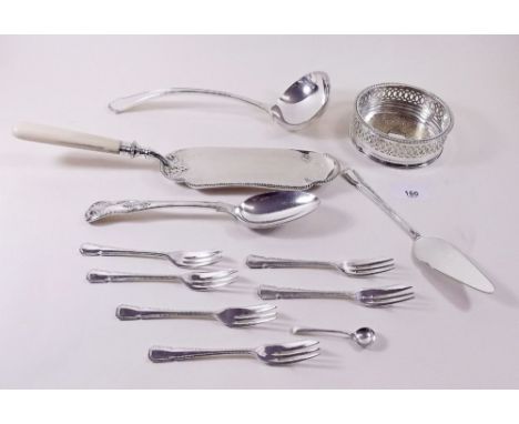A silver plated crumb scoop, a ladle, tablespoon etc.