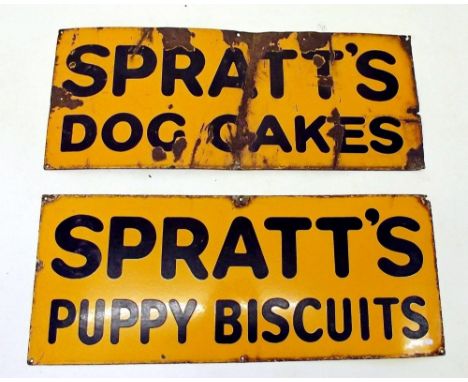 Two old enamel signs for  Spratts Dog Cakes and Spratts Puppy Biscuits , 30 x 76cm