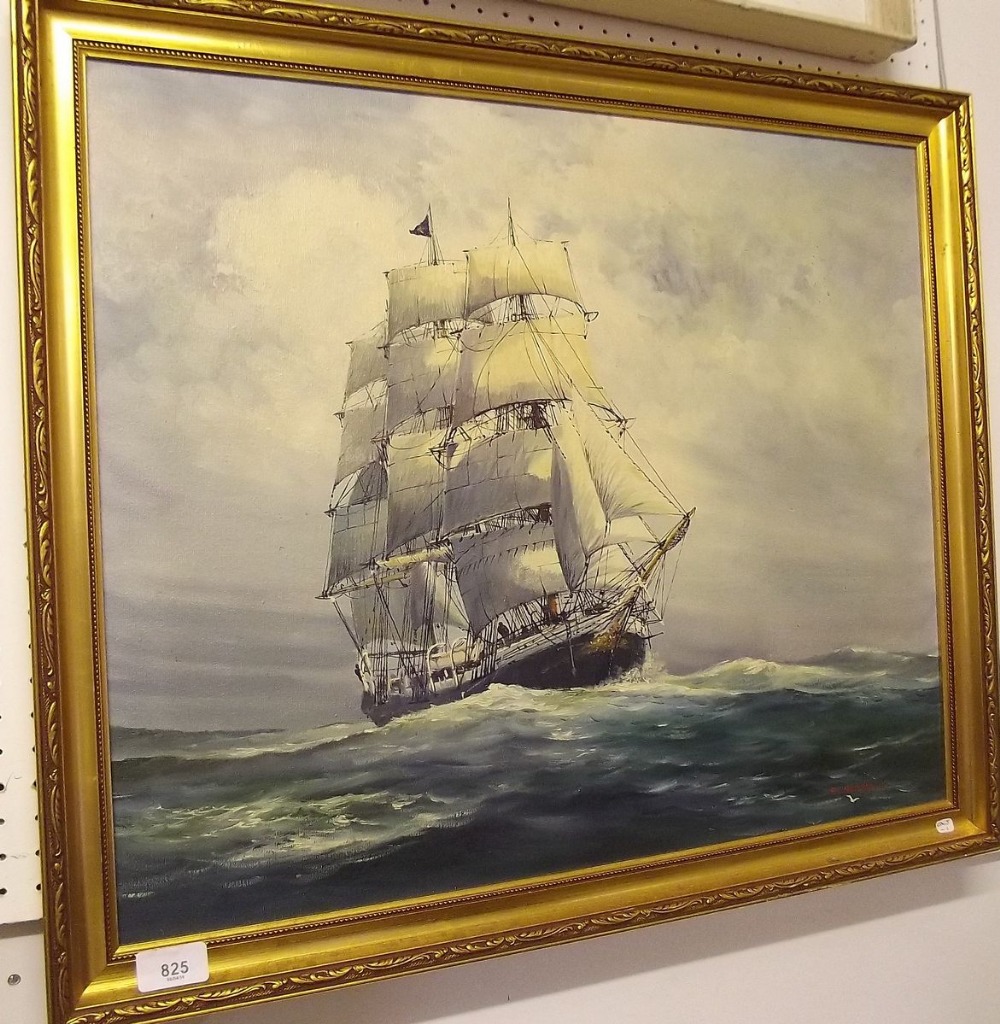 E G Burrows oil on canvas sailing ship, 29 x 59cm