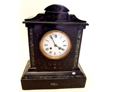 A Victorian inlaid stone mantel clock with striking movement 