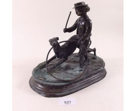 A bronze group of a boy and dog after J J Moigniez 19cm tall