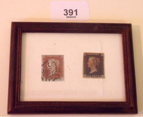 Stamps - 1840 1d Black , H-E, 3 1/2 margins with light red M C pmk, 1841 1d imperf on blued paper. E-T with 4 good margins an