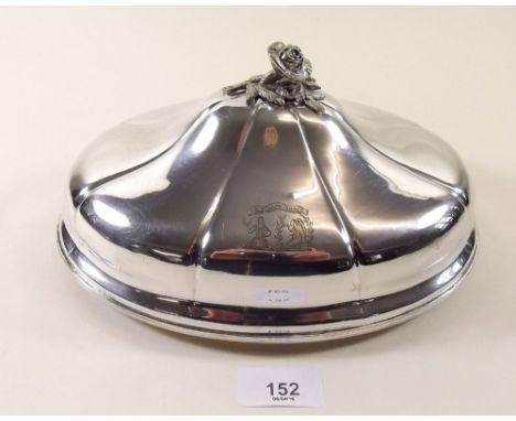 A silver plated oval tureen lid with rose finial 