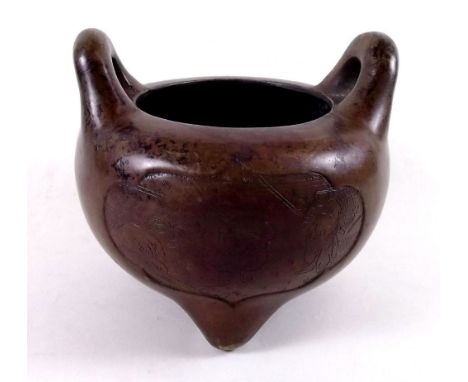 A 19th century Chinese bronze censer with incised decoration , 13cm high