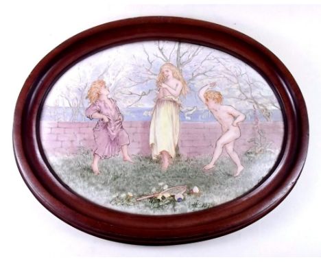 A 19th century porcelain plaque painted "A Jig" with children playing in a garden by JH Thomas, Cardiff, signed and dated wit