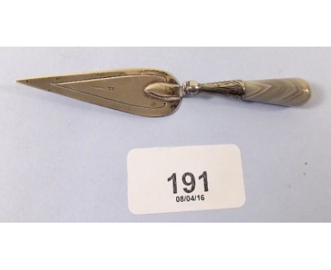 A silver miniature trowel with agate handle 